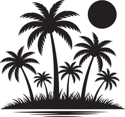 Silhouetted palm trees under a full moon on a tropical island