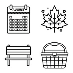 Civic Holiday Icon Set Calendar, Maple Leaf, Picnic Basket, and Park Bench Line Art