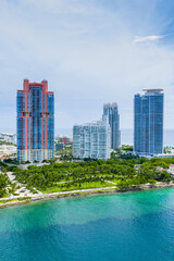 Aerial vertical photo highrise towers Miami Beach Florida