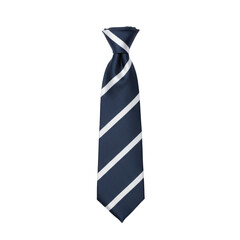 Navy blue necktie with bold white stripes, knotted and ready to wear