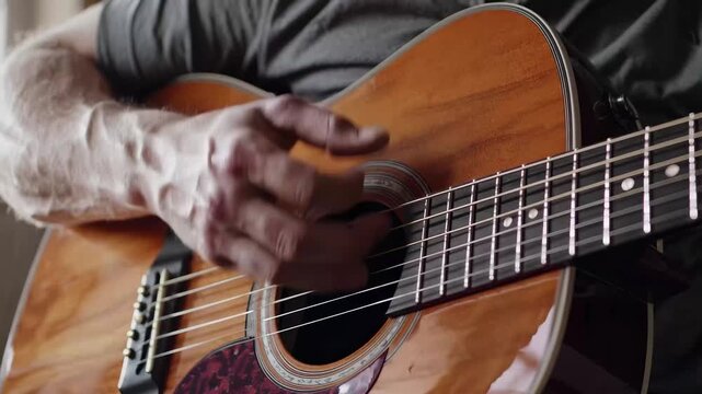 Close up of a man playing an acoustic guitar. Male musician playing a guitar. Acoustic music played with hands and strings. A zoomed-in view of a man strumming an acoustic guitar lifestyle.