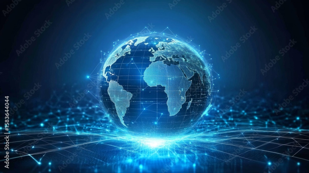 Poster visualizing global connectivity an interactive digital globe with glowing routes and futuristic data
