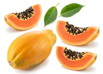 Whole and sliced papaya with leaves fruit tropical