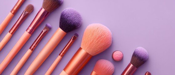 Makeup brushes arranged on a purple surface showcase beauty tools for cosmetic application, highlighting different brush sizes and bristle colors for various makeup techniques.