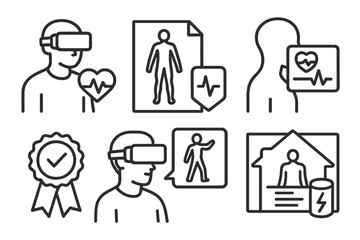 VR Health Icons. Line style icons of AR and VR at home: health monitoring in VR, body map file, vitals overlay tag, postural