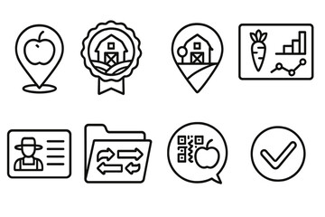 Ethical Consumption Icons. Line style icons of ethical consumption: food origin tracking icon, farm-to-table badge, local farm map