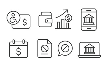 Digital Inclusion Icons. Line style icons of digital inclusion: accessible financial services icon, mobile wallet tag, microcredit