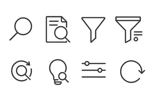 UI Line Icons. Line style icons of search and filter UI: magnifying glass, search result, filter funnel, refine tool. search