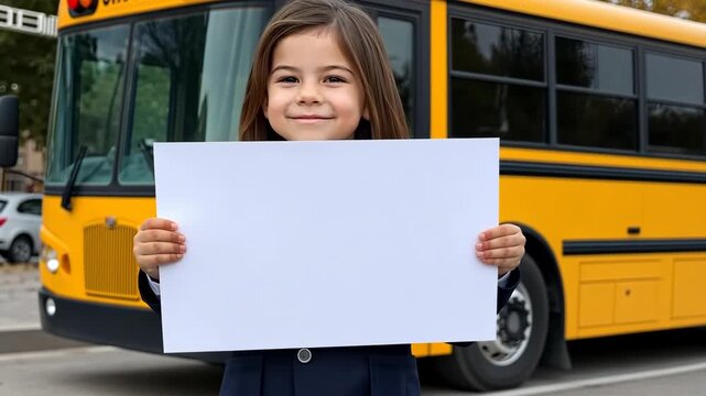 Young student proudly holds blank sign while standing in front of a yellow school bus on a sunny day in the neighborhood