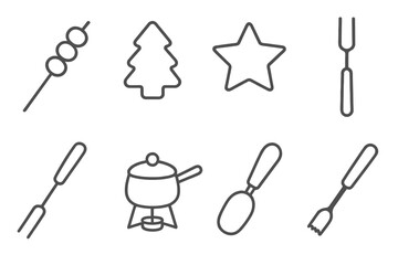 Seasonal Utensil Icons. Line style icons of seasonal utensils: BBQ skewer, holiday mold, cookie cutter, carving fork. fondue fork,