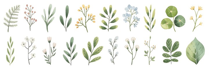 Botanical illustrations of leaves and flowers watercolor
