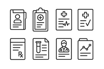 Medical Records Icons. Line style icons of medical records: patient file, clipboard, medical history, diagnosis sheet.