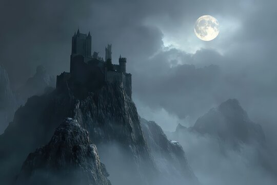 Moody, atmospheric landscape depicting a dark medieval castle atop a craggy mountain