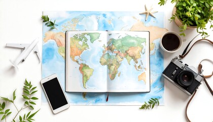 Open world map journal, travel essentials