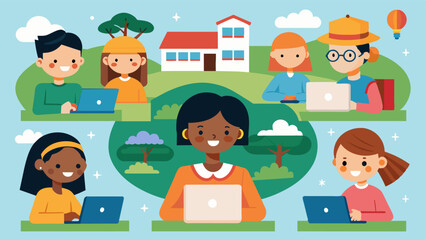 Students in a rural school collaborate with students from other countries through online platforms broadening their perspectives and learning about different cultures.. Vector illustration