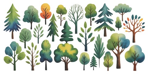 Diverse trees green blue yellow orange brown forest