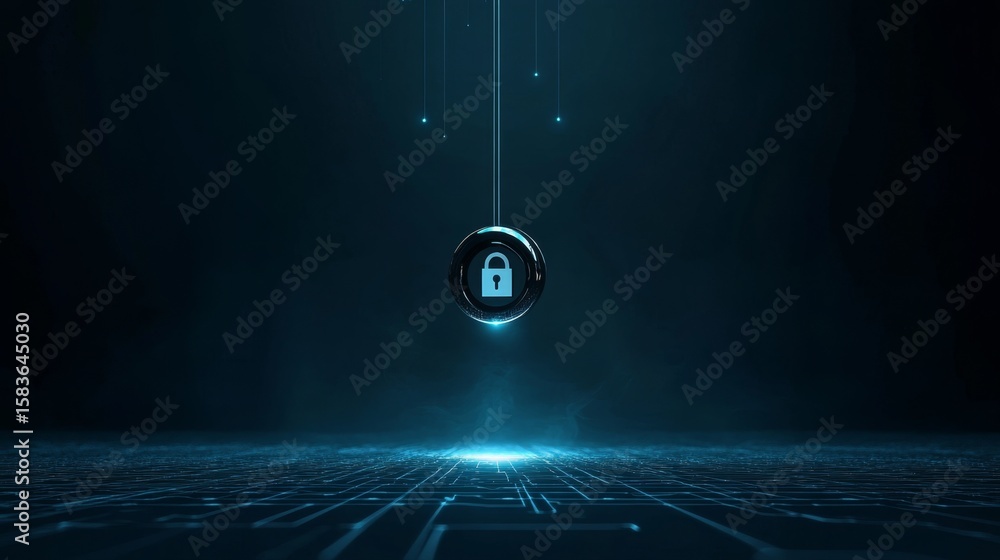 Poster floating digital lock icon above a high-tech network in a cyber environment for enhanced security vi