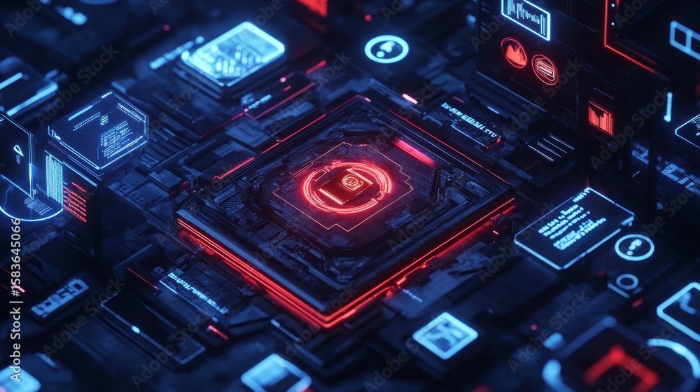 Poster unlocking digital security illuminated tech icons surrounding a modern lock in a futuristic environm