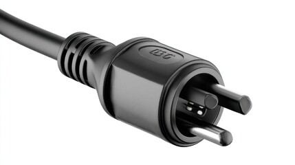 A close-up shot of a three-pronged power plug with a black rubberized cable, isolated on a white background