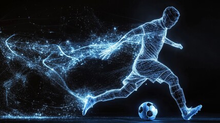 Dynamic soccer kick visualization sports field digital overlay high-tech environment action perspective kinetic motion concept for enhanced engagement