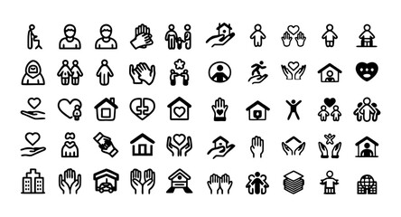 Homelessness and Social Aid Line Icon Set – Thin Linear Vector Pictograms of Homeless Child, Urgent Needs, Support Services, Donation, Social Kitchen, and Emergency Shelter