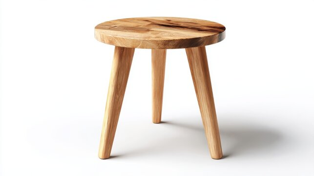 Stunning photo of wooden stool with round seat, three legs on white background. Simple minimalist design, clean lines. Natural wood grain texture. Scandinavian style furniture.