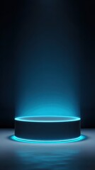 Stunning photo of background podium 3D light neon blue platform stage product abstract. Scene background 3D podium dark pedestal room glow studio empty stand floor night modern.
