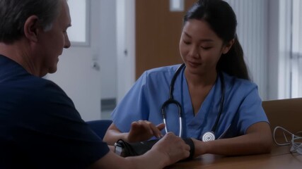 Nurse measuring blood pressure of senior man during medical checkup at clinic.