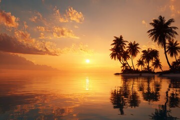 Serene tropical sunset with palm trees reflecting in calm ocean, vibrant sky