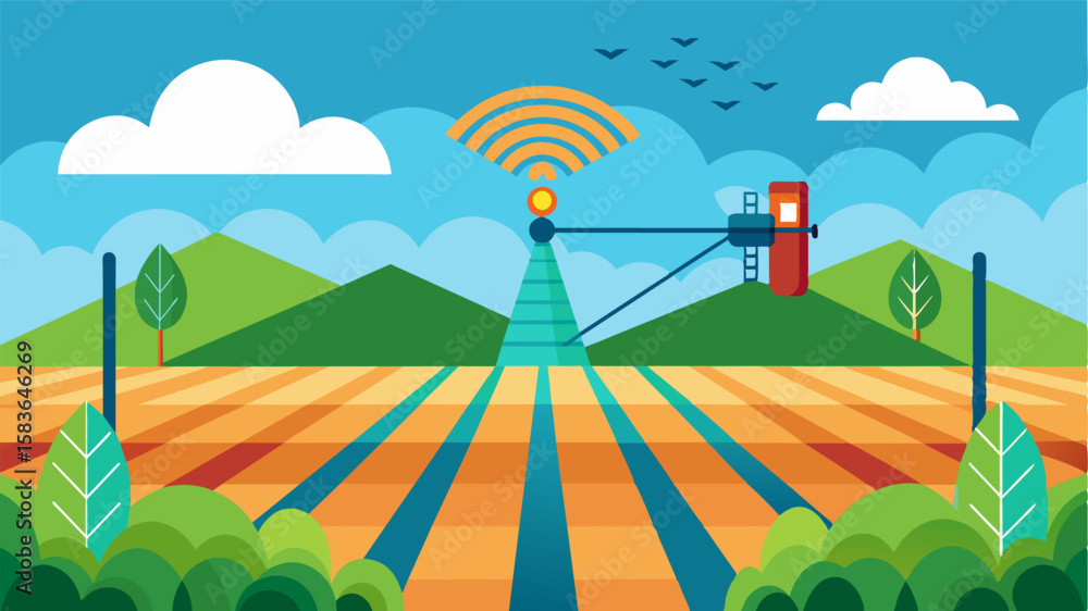 Aufkleber an illustration of a farm field with crops irrigated using precision irrigation technology guided by