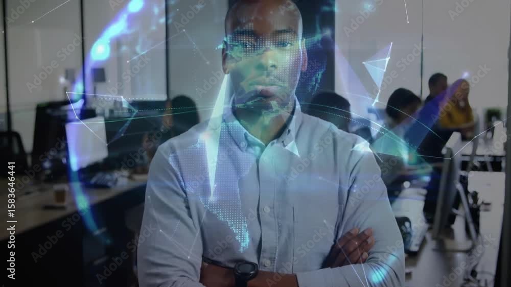 Poster standing man in tech office witnessing nodes drifting into rotating globe visualizing network