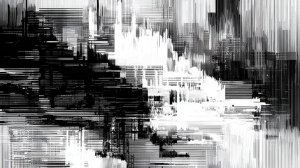 Stunning photo of abstract distorted black white motion glitch overlay effect distress texture. Monochrome interlaced digital background. Futuristic striped glitched grunge.