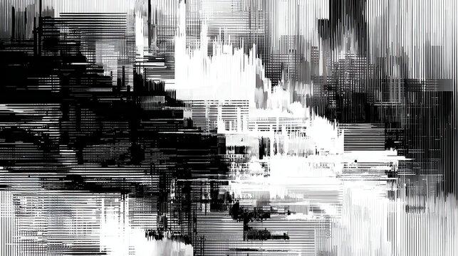 Fototapeta Stunning photo of abstract distorted black white motion glitch overlay effect distress texture. Monochrome interlaced digital background. Futuristic striped glitched grunge.