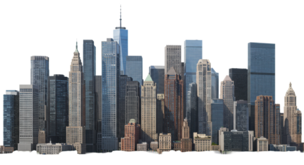 Ultra-photorealistic modern city skyline with diverse glass, steel, stone, and brick skyscrapers, isolated on a transparent background with copy space, urban progress concept