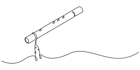 krishna flute continuous one line drawing, krishna flute hinduism line icon vector. krishna flute hinduism sign, flute with peacock feather, Peacock Feather and Flute line art vector design. Peacock. © SREESADHIN