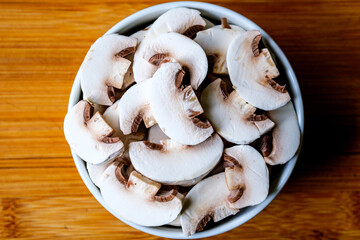 Bowl Of Sliced Fresh Raw Mushrooms Cooking Ingredient
