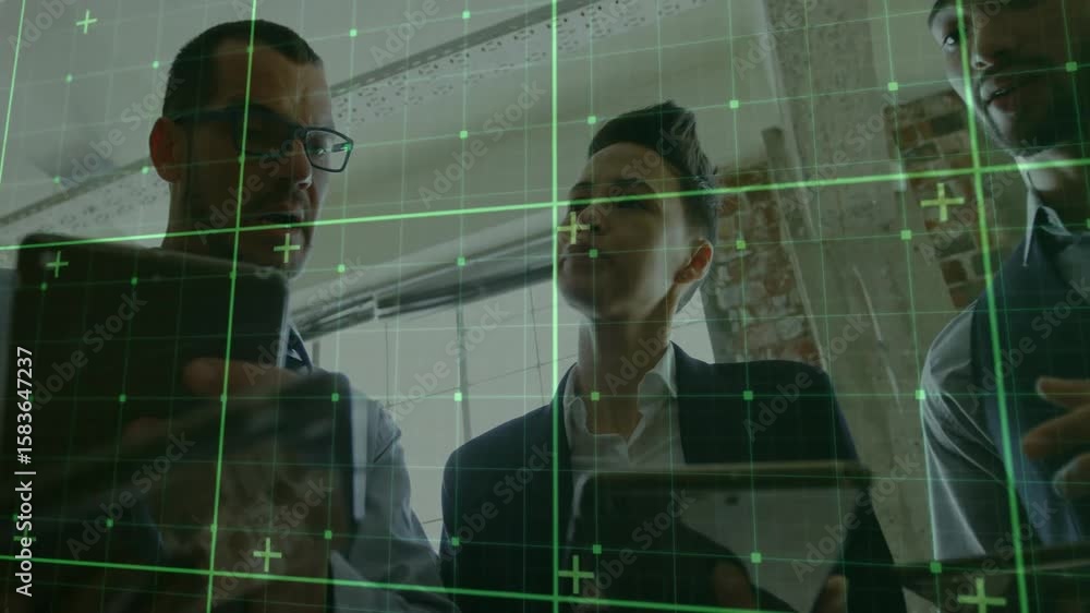 Poster business team around glass grid tapping phone activating display replacing colleague analyzing data