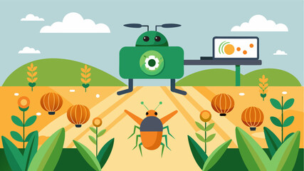 Fototapeta premium An AIpowered pest management system utilizes cameras and machine learning to identify and target specific pests in crop fields reducing crop damage and increasing yield.. Vector illustration