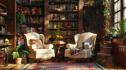 Cozy Library Interior with Sunlit Armchairs and Shelves Filled with Books, Perfect for Reading and Relaxation in a Warm, Inviting Atmosphere