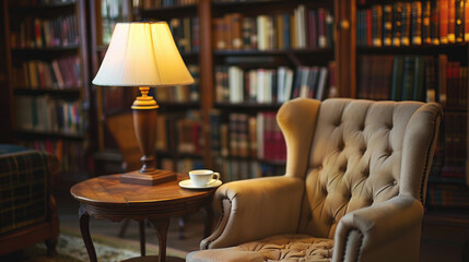 Cozy Reading Nook with Armchair, Lamp, and Bookshelf in a Classic Library Setting