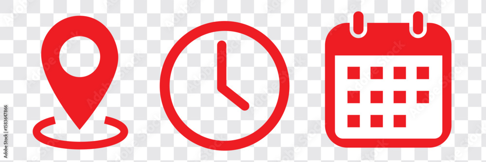 Poster place, time, date and notification line icons. calendar, address location pointer and alarm bell. no