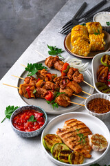 Assortment of grilled bbq meat and vegetables