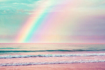 Beautiful pastel rainbow over the ocean with soft colors and a peaceful serene atmosphere.