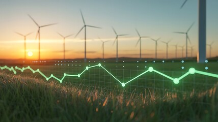 Wind farm growth chart at sunset wind turbines green energy