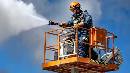 Firefighter battles flames using aerial platform during emergency response in urban environment on clear day
