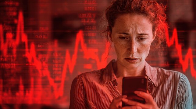 A worried woman checks financial data on her smartphone, surrounded by red stock market graphs highlighting distress.