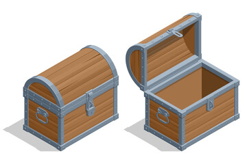 Wooden Treasure for Chest. An Isometric illustration featuring two wooden treasure chests: one closed and locked, the other open and empty, ready to be filled with riches or discoveries.