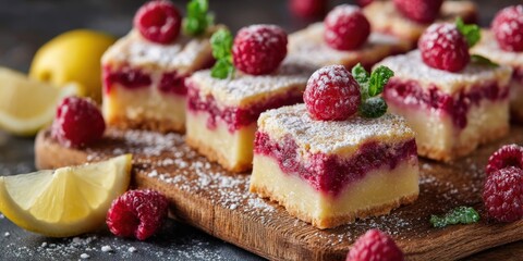Delicious raspberry bars dusted with powdered sugar and garnished with fresh raspberries and mint leaves sit on a rustic wooden board, a tempting dessert.