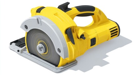 Naklejka premium A yellow and gray circular saw, angled, sits on a white surface. The saw features a circular blade, a handle, and a base plate