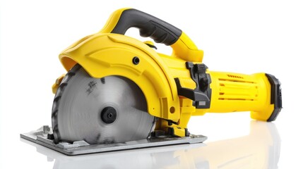 Fototapeta premium Yellow circular saw with gray blade angled on white, showing details and sharp edges
